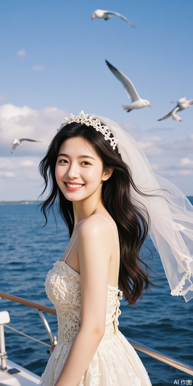 A beautiful woman has long hair, a smiling face, wearing a veil, standing on a yacht looking into the distance. The weather is clear, the blue sky and white clouds, and seabirds fly freely in the air.
