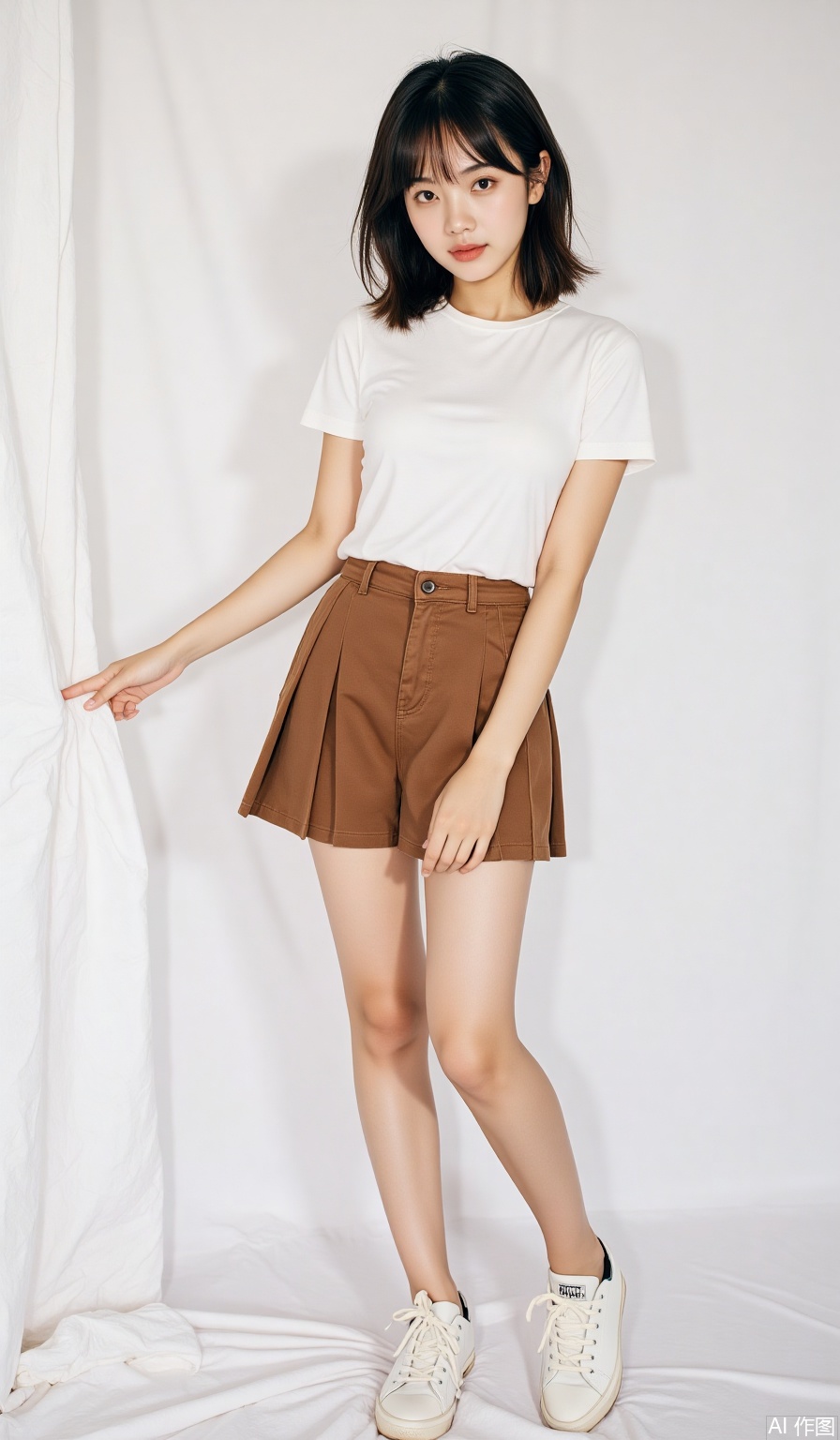 Portrait photography, tall girl, delicate three-dimensional facial features, fair skin, short hair with bangs, playful and cute, tight short T-shirt with high waist pleated skirt, and then a pair of white sneakers, youthful vitality reveals a little temptation, straight and slender legs, standing and posing, looking at the camera, full body shot, pure white minimalist background, medium-telephoto lens, low angle upward shooting, center composition, soft side light, light and shadow contrast, fluffy hair and wrinkles of clothes, natural texture, realistic style, 8K high-definition picture quality, ultra-high detail accuracy, high-level sense, master-level works.