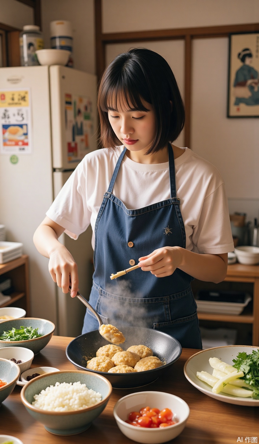 Short-haired girl in a navy apron makes takoyaki in the open kitchen. Fresh vegetables and miso soup bowls are scattered on the wooden cooking table. The refrigerator with Ukiyo-e poster can be seen in the background. Home video record, 50mm fixed-focus lens, food steam hazy effect