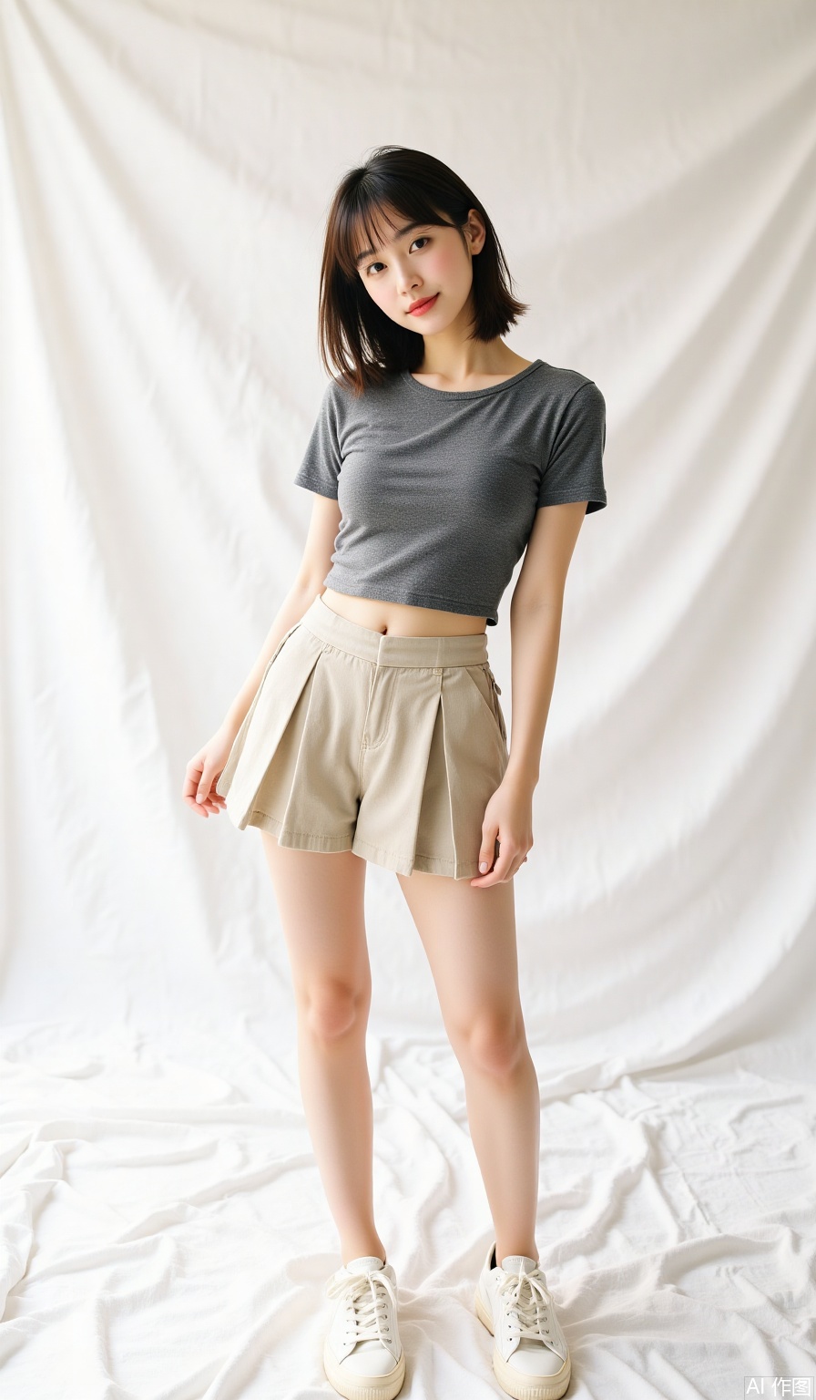 Portrait photography, tall girl, delicate three-dimensional facial features, fair skin, short hair with bangs, playful and cute, tight short T-shirt with high waist pleated skirt, and then a pair of white sneakers, youthful vitality reveals a little temptation, straight and slender legs, standing and posing, looking at the camera, full body shot, pure white minimalist background, medium-telephoto lens, low angle upward shooting, center composition, soft side light, light and shadow contrast, fluffy hair and wrinkles of clothes, natural texture, realistic style, 8K high-definition picture quality, ultra-high detail accuracy, high-level sense, master-level works.