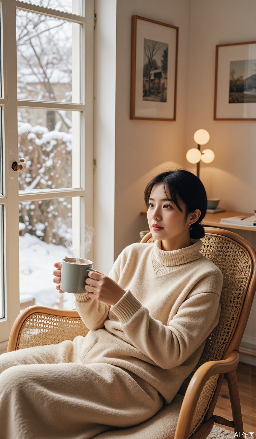 Mixed-blooded face woman curled up in a rattan rocking chair in a beige turtleneck sweater, holding a steaming mug in her hand and staring at the snowy scene outside the window. The living room design that combines Nordic style and gentle wind. The panoramic glass window shows the dry landscape courtyard covered with snow. The portrait is realistic, two-tone tone temperature light, and the floor lamp is warm and halo dyed