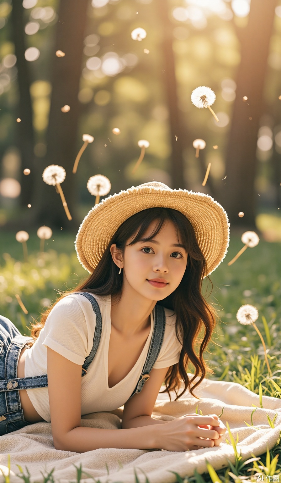 The forest girl lies in her afternoon lying on a picnic cloth, honey-colored soft light filter, ruffled suspender skirt with woven straw hat, dandelions floating in the air, watercolor texture halo treatment