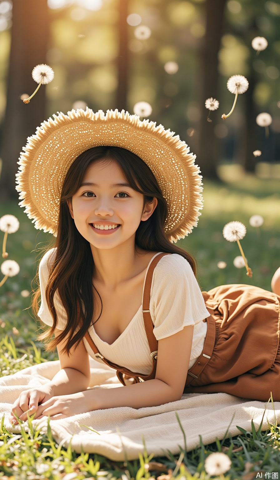 The forest girl lies in her afternoon lying on a picnic cloth, honey-colored soft light filter, ruffled suspender skirt with woven straw hat, dandelions floating in the air, watercolor texture halo treatment