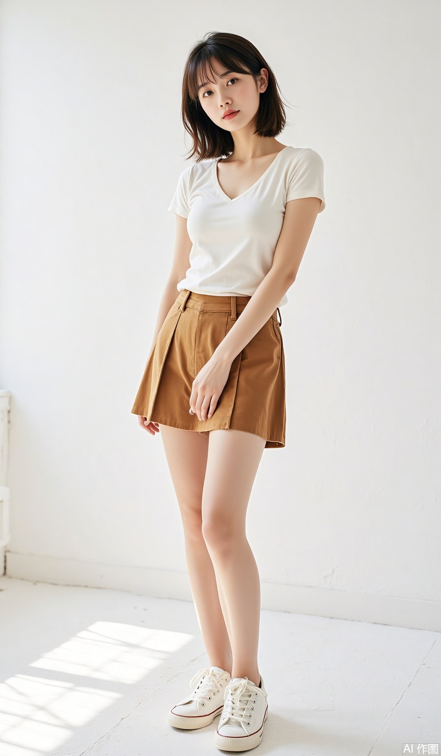 Portrait photography, tall girl, delicate three-dimensional facial features, fair skin, short hair with bangs, playful and cute, tight short T-shirt with high waist pleated skirt, and then a pair of white sneakers, youthful vitality reveals a little temptation, straight and slender legs, standing and posing, looking at the camera, full body shot, pure white minimalist background, medium-telephoto lens, low angle upward shooting, center composition, soft side light, light and shadow contrast, fluffy hair and wrinkles of clothes, natural texture, realistic style, 8K high-definition picture quality, ultra-high detail accuracy, high-level sense, master-level works.