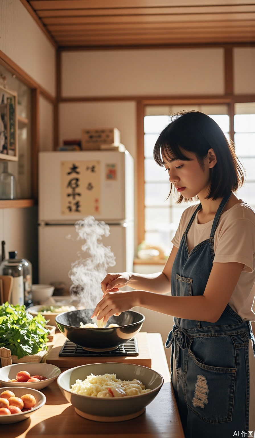 Short-haired girl in a navy apron makes takoyaki in the open kitchen. Fresh vegetables and miso soup bowls are scattered on the wooden cooking table. The refrigerator with Ukiyo-e poster can be seen in the background. Home video record, 50mm fixed-focus lens, food steam hazy effect