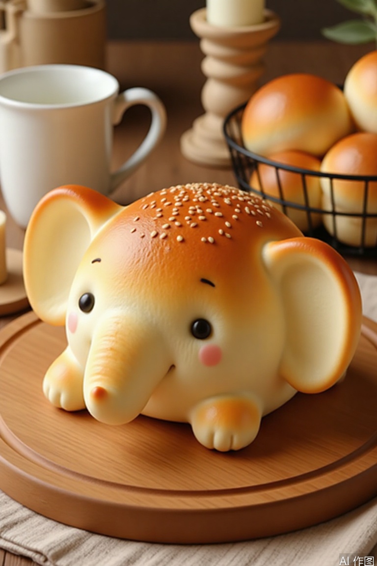 A photograph of a cute, round, bread resembling a baby elephant, with golden brown and white surface texture, placed on a wooden board. The bread features black sesame eyes and a small smile. In the background, there are a white mug, a basket of buns, and a beige candle holder. The setting is warm and cozy