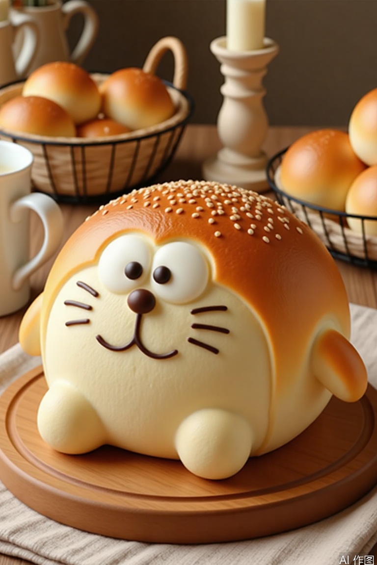 A photo showing a cute bread shaped like a Doraemon with a golden brown and white texture on a wooden board. Bread with black sesame eyes and a smile. There is a white cup, a basket of buns and a beige candlestick in the background. The whole scene is warm and comfortable.