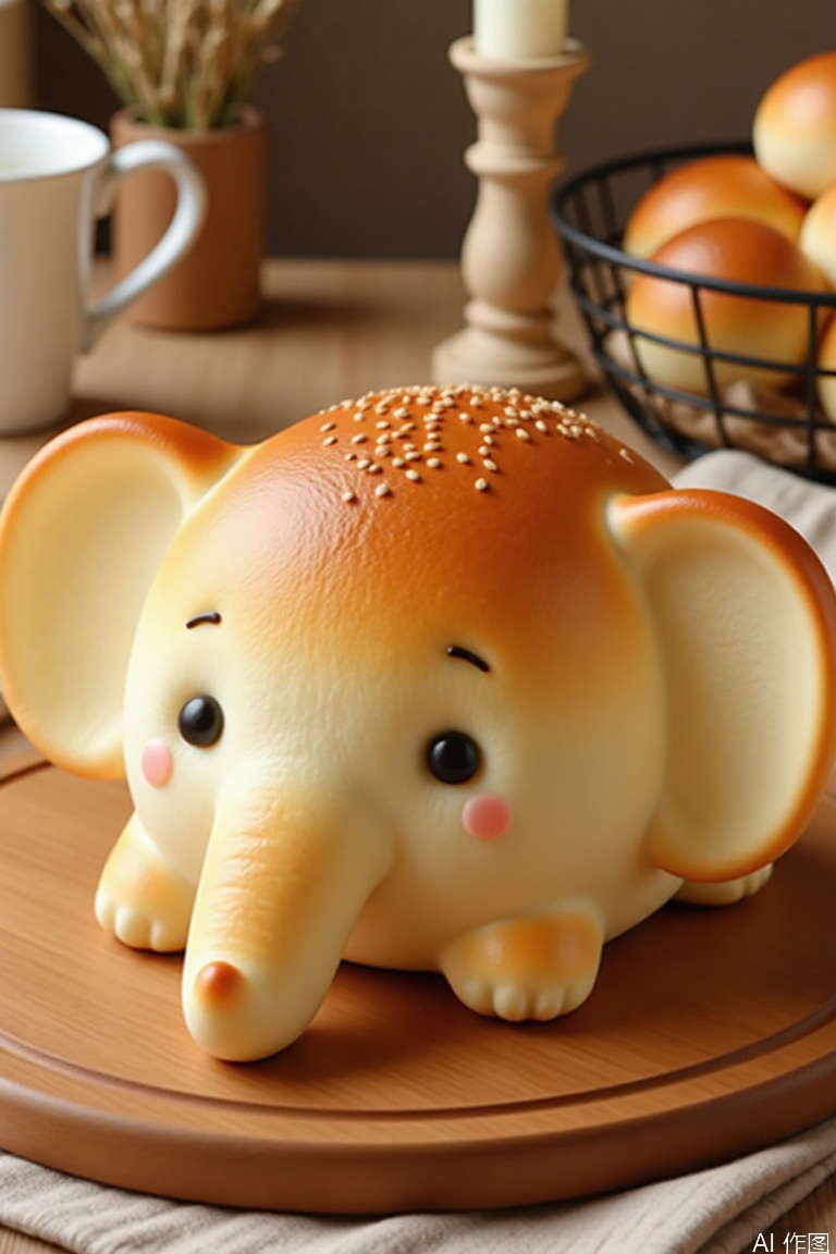 A photograph of a cute, round, bread resembling a baby elephant, with golden brown and white surface texture, placed on a wooden board. The bread features black sesame eyes and a small smile. In the background, there are a white mug, a basket of buns, and a beige candle holder. The setting is warm and cozy