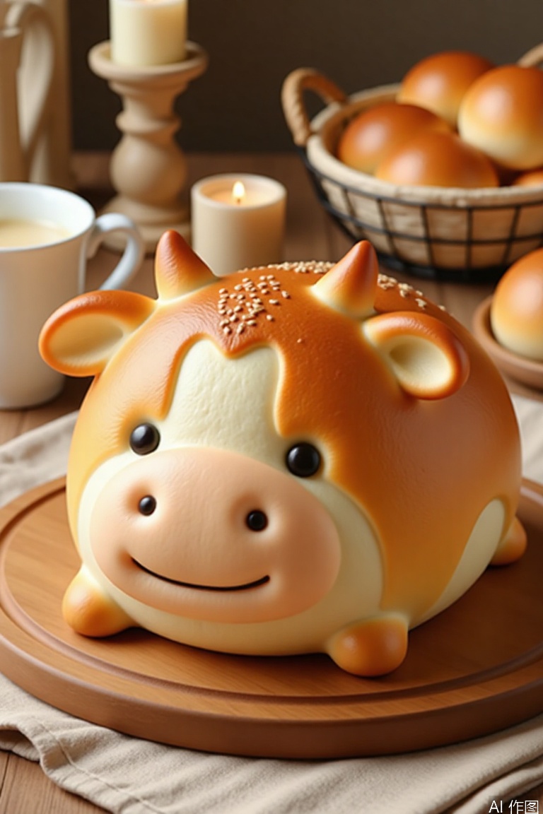 A photo showing a cute bread shaped like a cow with a golden brown and white texture on a wooden board. Bread with black sesame eyes and a smile. There is a white cup, a basket of buns and a beige candlestick in the background. The whole scene is warm and comfortable.