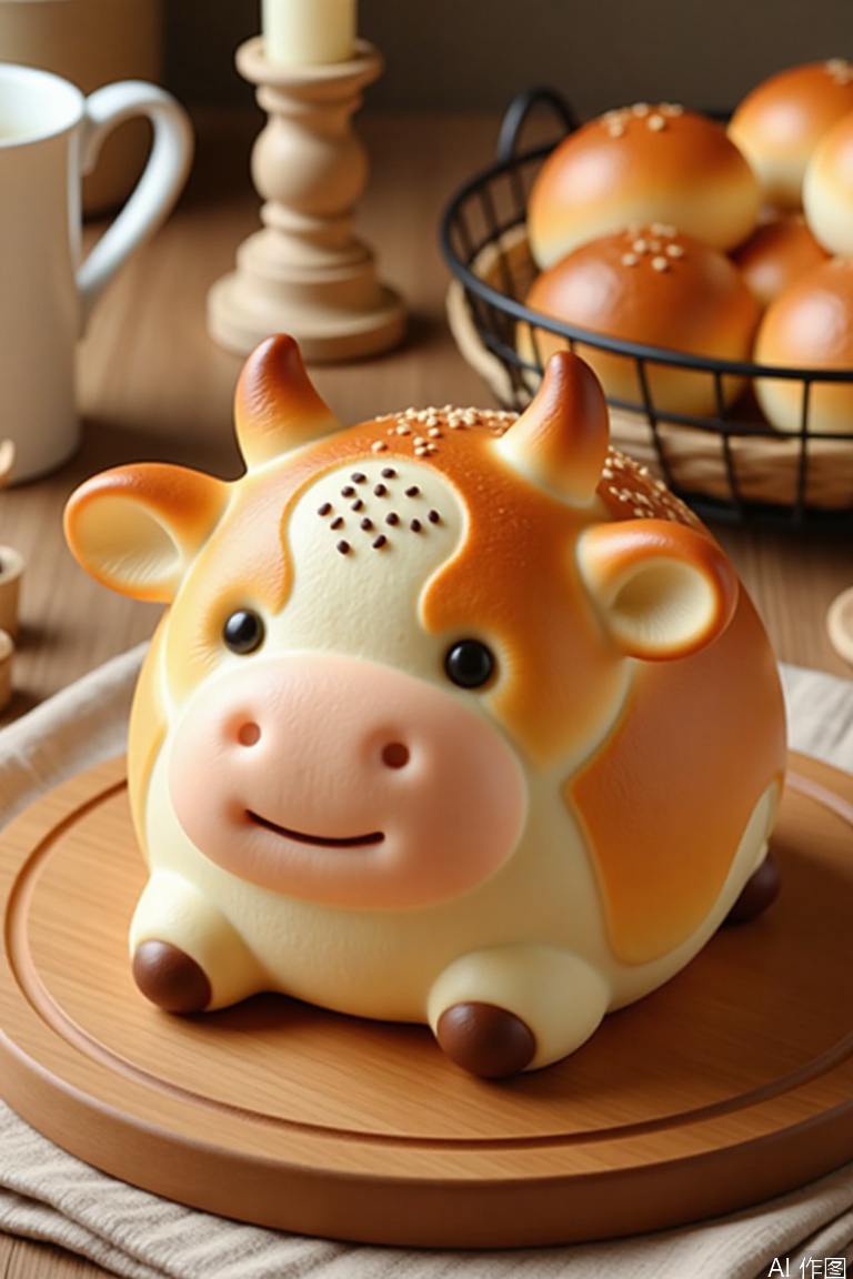 A photo showing a cute bread shaped like a cow with a golden brown and white texture on a wooden board. Bread with black sesame eyes and a smile. There is a white cup, a basket of buns and a beige candlestick in the background. The whole scene is warm and comfortable.