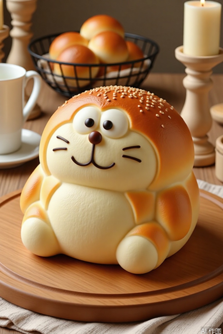 A photo showing a cute bread shaped like a Doraemon with a golden brown and white texture on a wooden board. Bread with black sesame eyes and a smile. There is a white cup, a basket of buns and a beige candlestick in the background. The whole scene is warm and comfortable.