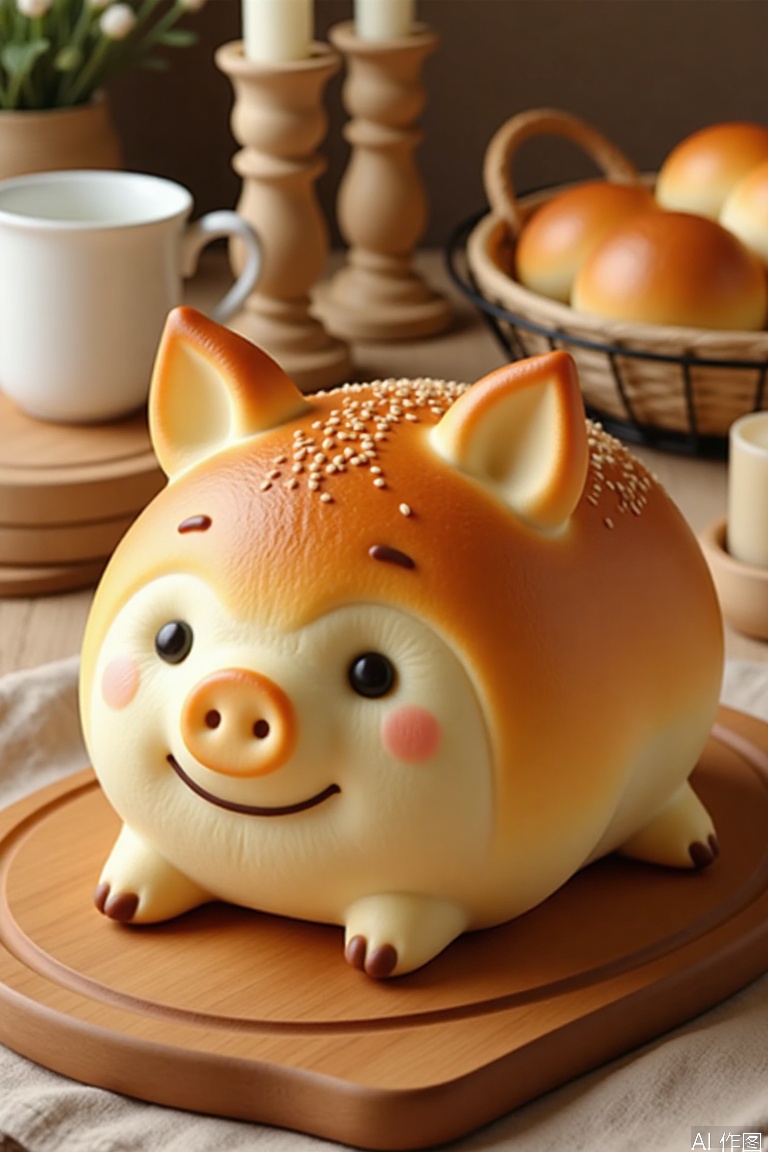 A photo showing a cute bread shaped like a pig with a golden brown and white texture on a wooden board. Bread with black sesame eyes and a smile. There is a white cup, a basket of buns and a beige candlestick in the background. The whole scene is warm and comfortable.