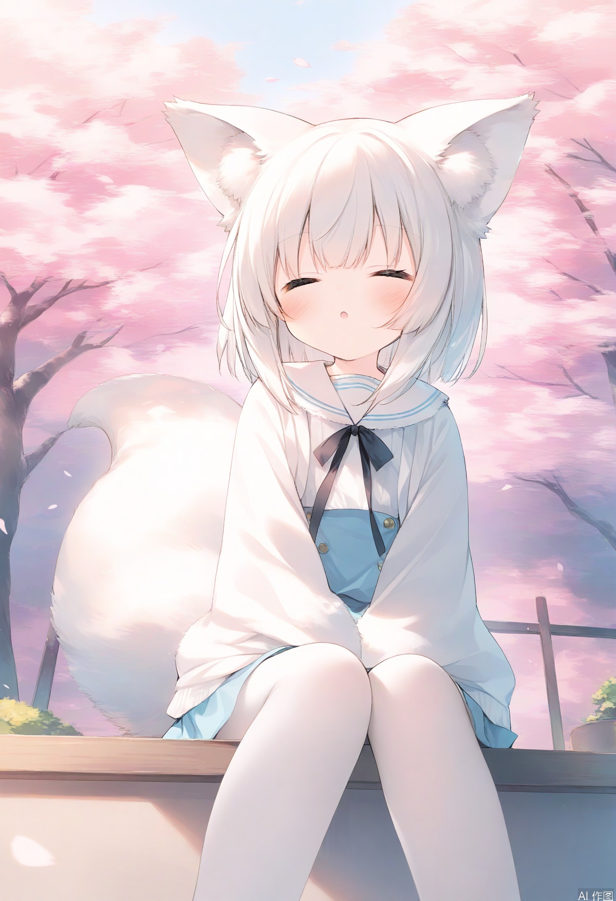 masterpiece, best quality, 1girl, white hair, animal ears, white stockings, sitting under a cherry blossom tree, eyes closed, content expression, soft wind blowing, fluffy tail, cute, serene, pastel scene
