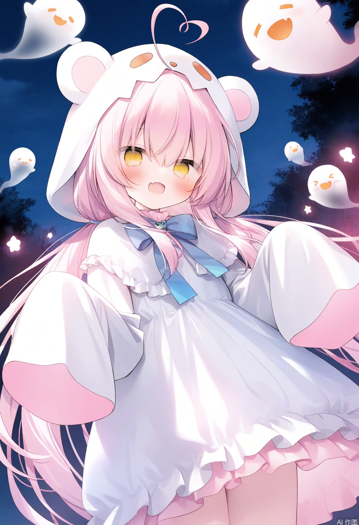 1girl,heart ahoge,dress,long hair,fang,ghost,sleeves past wrists,hood,yellow eyes,twintails,looking at viewer,sleeves past fingers,solo,white dress,low twintails,blue bow,ghost costume,frilled dress,frills,bow,ahoge,open mouth,night,skin fang,white hair,blush,long sleeves,pink hair,outdoors,very long hair,smile,blue bowtie,hair between eyes,sky,animal hood,night sky,
