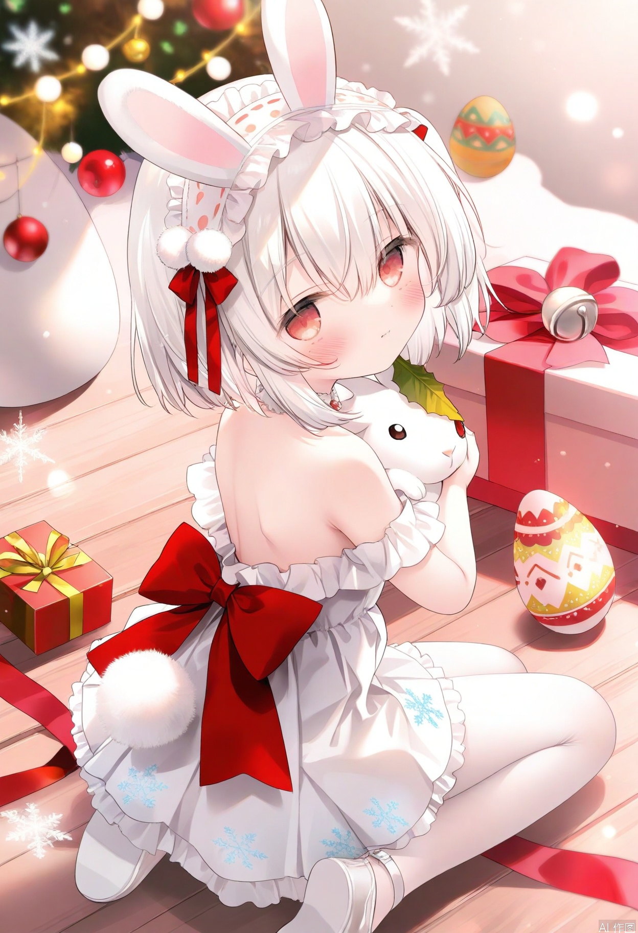 loli, 1girl, snow rabbit, red eyes, animal ears, solo, snowflakes, dress, rabbit ears, sitting, white hair, white dress, rabbit, pantyhose, looking at viewer, christmas ornaments, bow, red bow, short hair, holding, white choker, white pantyhose, gift, rabbit tail, looking back, tail, pom pom (clothes), white footwear, box, closed mouth, christmas, ribbon, hairband, red ribbon, hair bow, blush, white hairband, backless dress, animal, rabbit girl, from above, pleated dress, hair ornament, headdress, hair between eyes, backless outfit, from behind, christmas lights, full body, bell, food, easter egg, choker, ballet slippers, frilled hairband, holding animal, shoes, frilled dress, layered dress, gift box, back bow, blurry, easter, frills, snow, fake animal ears, snowflake background, depth of field, bare shoulders, off-shoulder dress, sleeveless dress, pom pom hair ornament, looking up, snowflake print, hair ribbon