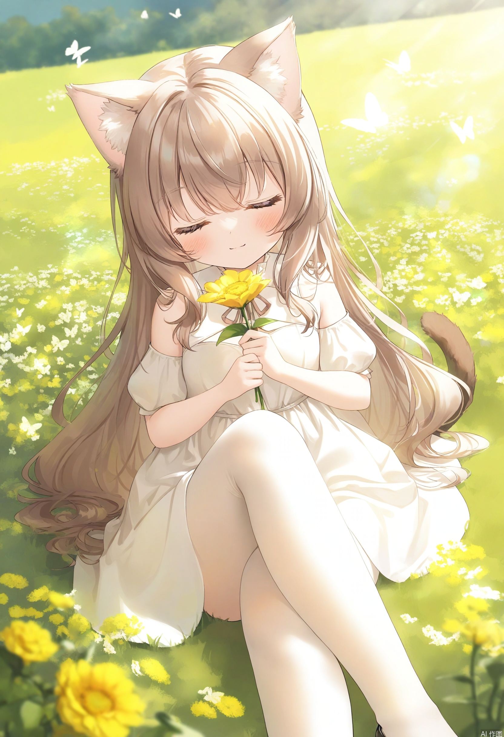 1girl, solo, cute cat ears, tail, white stockings, long brown hair, blush, smile, sitting cross-legged on a grassy hill, holding a flower, soft sunlight shining, a meadow with butterflies in the background, brown hair, white dress, closed eyes, looking peaceful