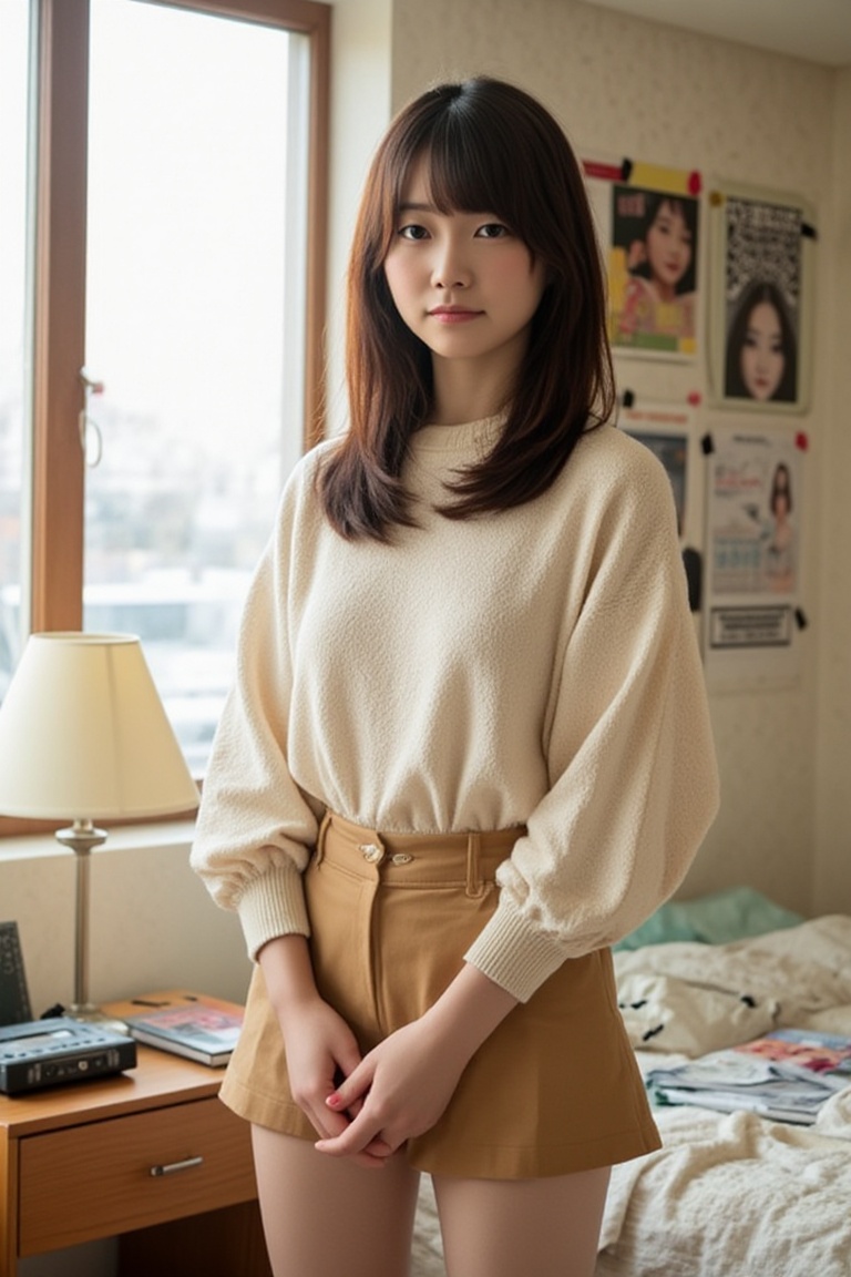 1980s Japanese photobook style,  bright daytime Showa atmosphere. A young Japanese woman with a petite,  softly rounded si...