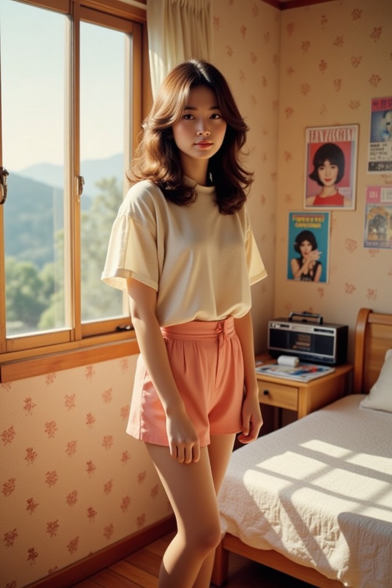 1980s Japanese photobook style,  warm afternoon sunlight,  Showa-era mood. A young Japanese woman with a petite on Tensor.Art