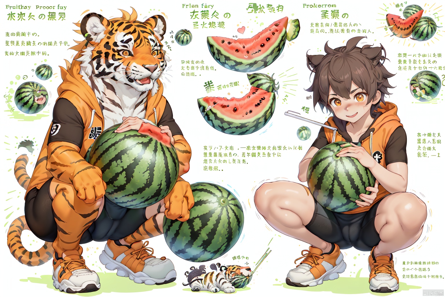 The fusion of watermelon and tiger, watermelon characteristics, smile, holding, brown eyes, short sleeves, food, shoes, shorts, hood, hoodie, fruit, animal, watermelon tiger,tiger,fruit animal,squatting, bike shorts, sneakers, drinking straw, watermelon, orange footwear,Vevegetable Fairy