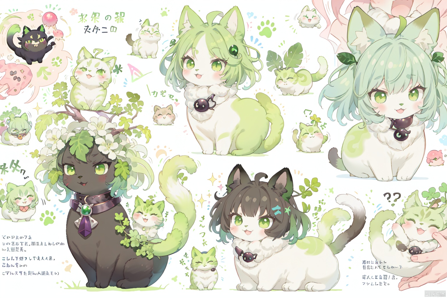 The image features three stylized characters resembling cats, each with distinct colors and designs. The first cat on the left is white with green accents, resembling a cat with a light green tail and green markings on its face. The second cat in the center is red, with green markings on its face and body, and a green tail. The third cat on the right is black with green markings on its face and body, and a green tail. Each cat is surrounded by green leafy plants, and there are paw prints and text in Japanese around them. The text includes the names "Red Radish" and "Kuro," and descriptions of the characters' appearances and characteristics. The overall design is whimsical and colorful, with a focus on the characters and their natural surroundings.Vegetable Fairy