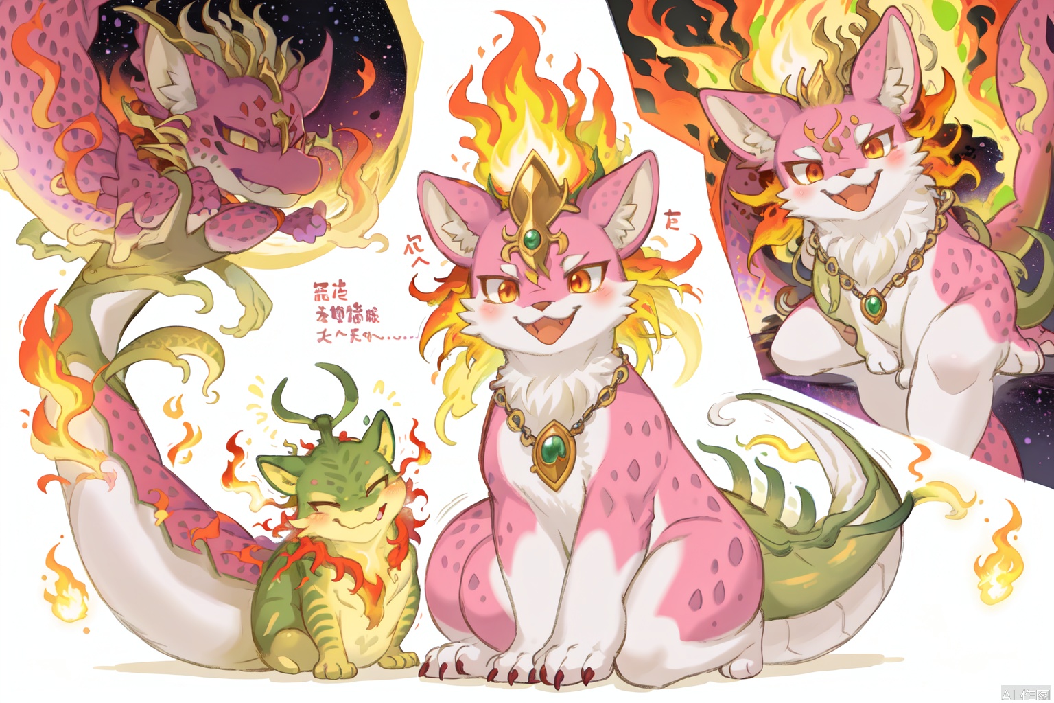 The image is a colorful illustration featuring a cute, fiery-themed character named "火龙果猫" (Hólóng gǔ mā). The character is depicted with a red and yellow flame-like mane, resembling a dragonfruit, and has a friendly, smiling expression. It is sitting on the ground, surrounded by various elements.

On the left side, there is a close-up of a dragonfruit, showing its vibrant red and yellow exterior. The text next to it reads: "火龙果猫"
Vegetable Fairy