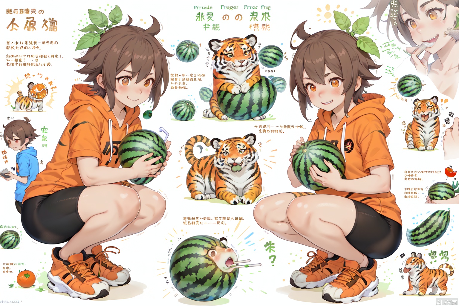 1girl, smile, short hair, brown hair, shirt, holding, brown eyes, short sleeves, food, shoes, shorts, hood, hoodie, fruit, animal, watermelon tiger,tiger,fruit animal,squatting, bike shorts, sneakers, drinking straw, watermelon, orange footwear,Vevegetable Fairy