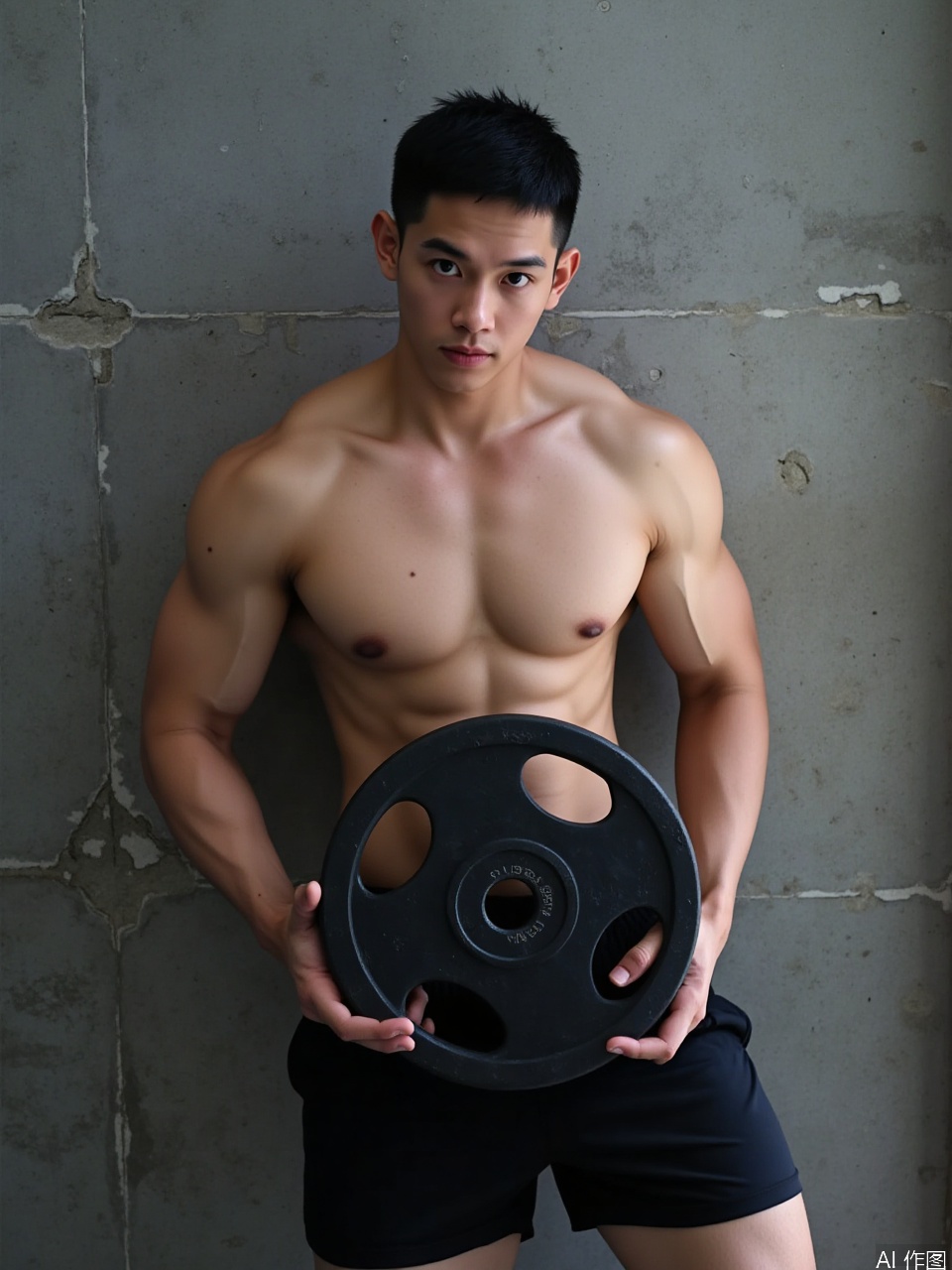 photo, A ripped, shirtless young dude with short, dark hair, holding a black 15-pound weight plate. He's got a light skin tone, and his muscles are seriously defined. He's standing in front of a concrete wall, looking all serious and focused. He's wearing black shorts. The lighting is soft and natural, making his body's contours pop..
,Fujicolor GFX100 II 80mm f/4.5,film photo, background blurred,photography,realistic,film texture,real human skin,Fuji camera,