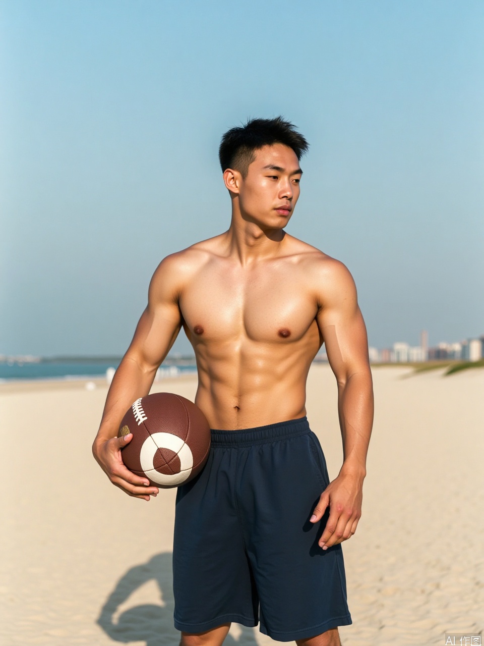 photo, A shirtless Asian man with a muscular build, short black hair, and a light skin tone holds a football on a sunny beach.
,Fujicolor GFX100 II 80mm f/4.5,film photo, background blurred,photography,realistic,film texture,real human skin,Fuji camera,