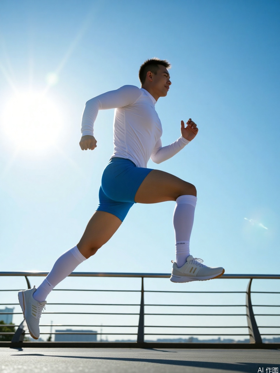 photo, A photograph captures an athletic male runner mid-stride against a clear blue sky. He wears a white long-sleeve shirt, blue shorts, white knee-high socks, and white running shoes. The sun is low, casting a soft glow, and creating a lens flare. The runner's skin is a medium tone, with visible pores and a natural texture. His muscular physique is highlighted by the dynamic pose, emphasizing strength and agility. The background includes a metallic railing, adding a modern, urban feel to the scene..
,Fujicolor GFX100 II 80mm f/4.5,film photo, background blurred,photography,realistic,film texture,real human skin,Fuji camera,