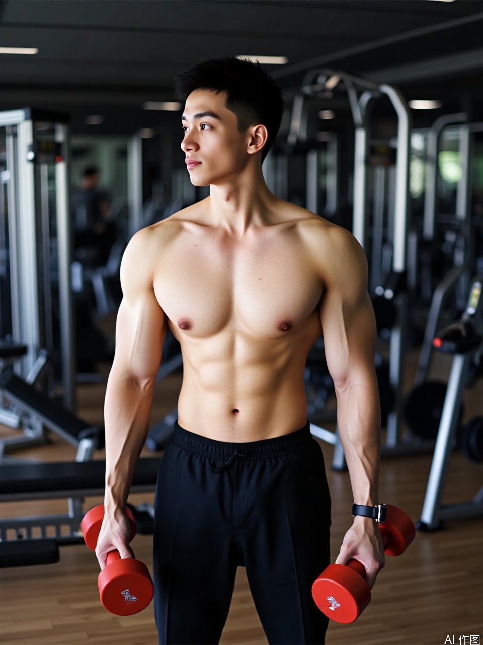 photo, A ripped, shirtless Asian dude with short black hair stands in a gym, clutching two red dumbbells. He's rocking black workout pants and a watch on his left wrist. The gym's got a modern vibe with shiny metal gear and wooden floors in the background.
,Fujicolor GFX100 II 80mm f/4.5,film photo, background blurred,photography,realistic,film texture,real human skin,Fuji camera,