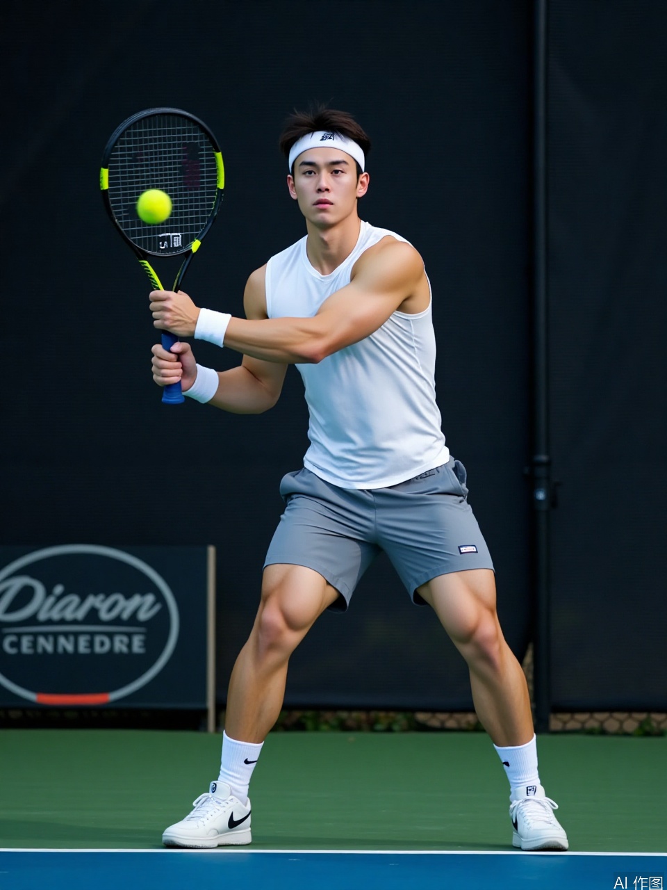 photo, A muscular, light-skinned man with defined abs and a chiseled jawline, wearing a white sleeveless shirt and gray shorts, intensely focuses on a tennis match. He holds a tennis racket, poised to strike a yellow tennis ball. His short brown hair is slicked back, and he wears a white headband and white athletic shoes. The background features a dark, textured wall and a green-blue tennis court..
,Fujicolor GFX100 II 80mm f/4.5,film photo, background blurred,photography,realistic,film texture,real human skin,Fuji camera,