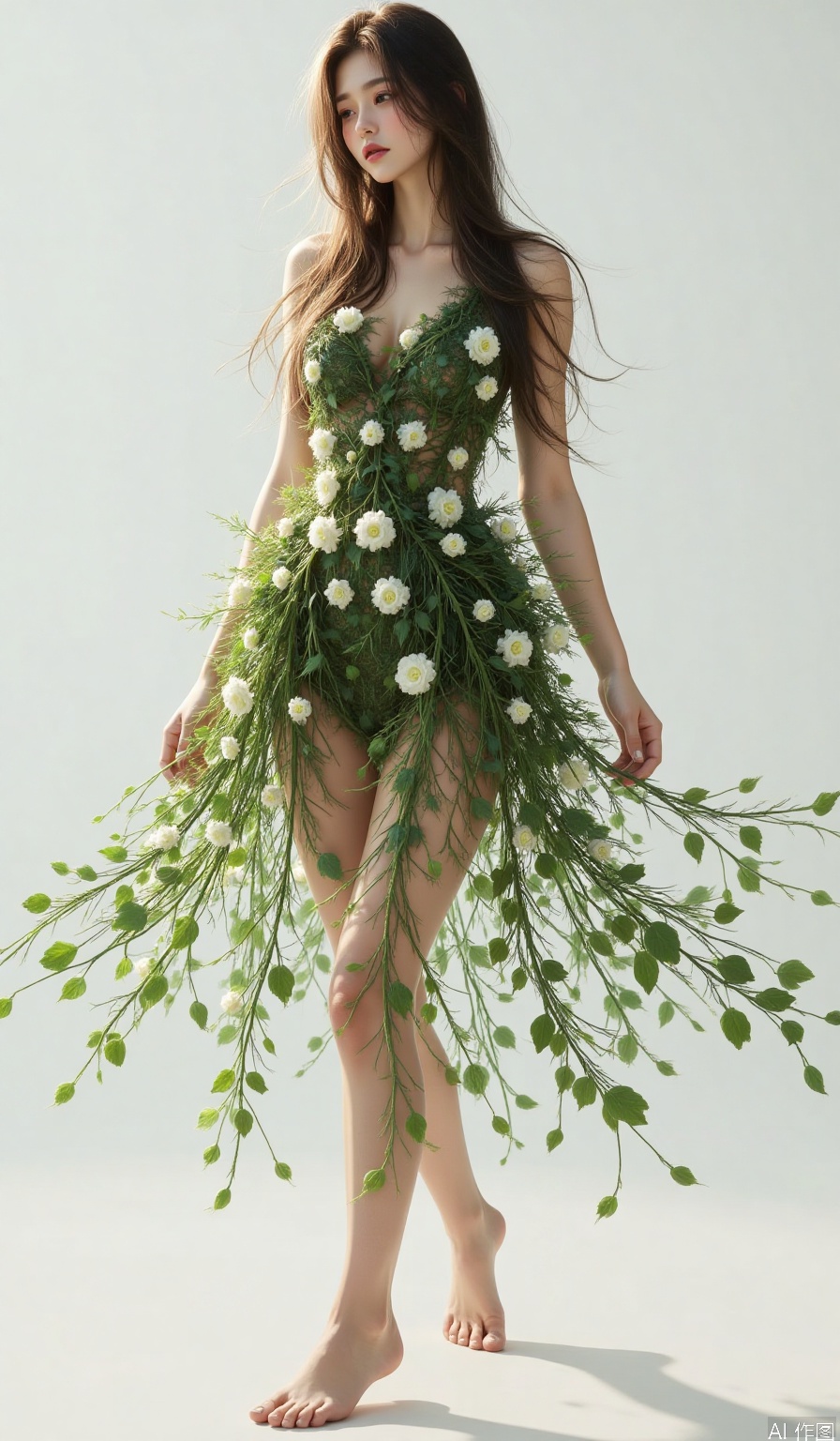 1girl, solo,long hair, brown hair, black hair, barefoot, (plant dress), realistic,flower dress,walking
