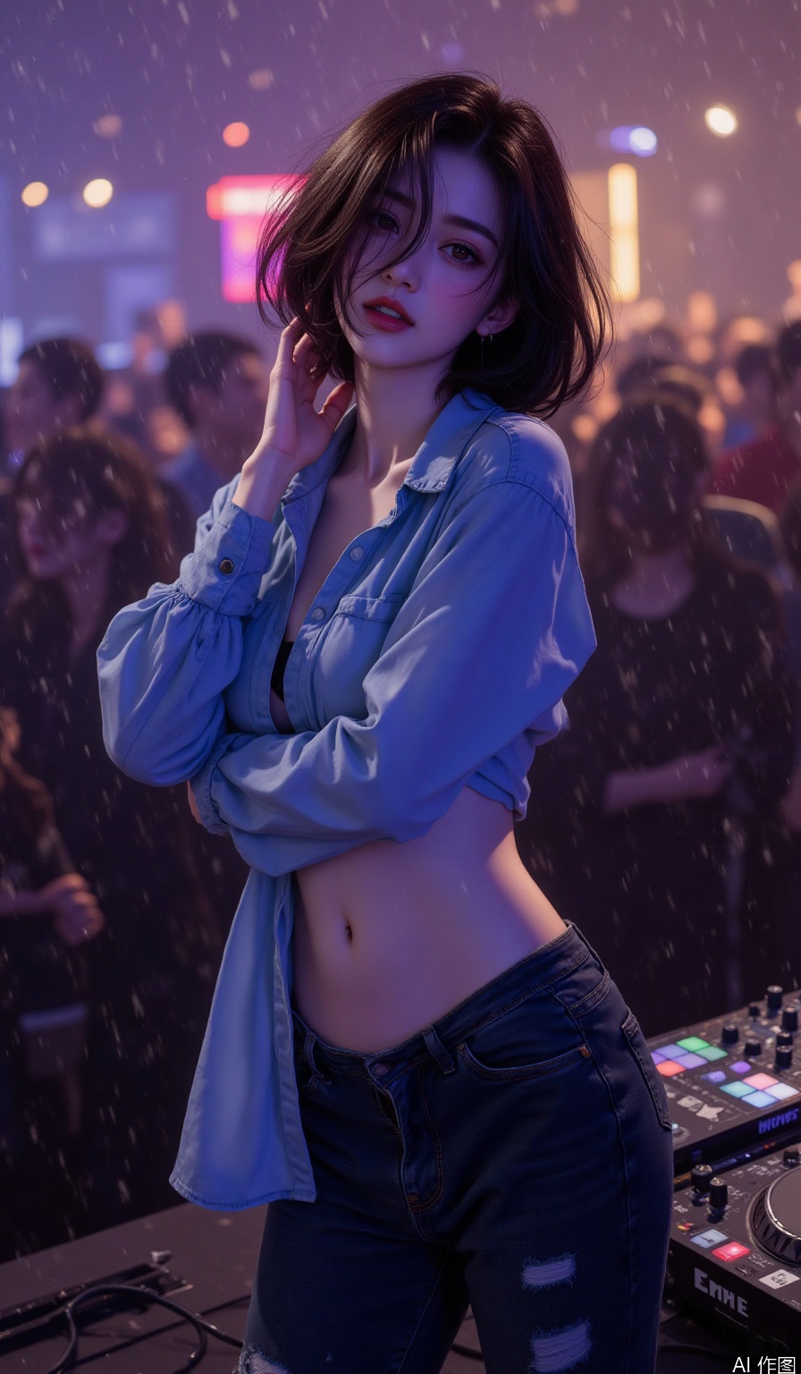 Nightclub girl,1girl, solo,short hair,black hair, navel, brown eyes, hair over one eye,midriff, pants,denim, jeans, realistic, nightclub, lights, dancing, crowd,electronic mixing console during rainfall,blue shirt