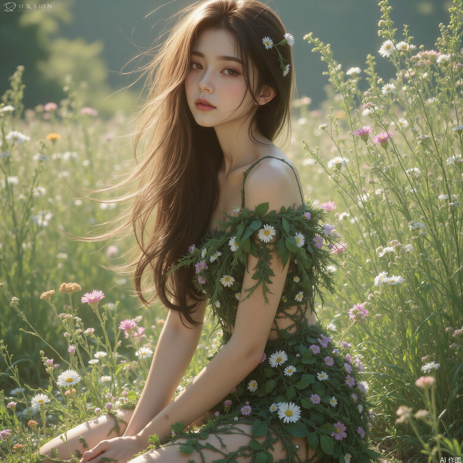 1girl, solo,long hair, brown hair, black hair, barefoot, (plant dress), kneeling, realistic,flower dress