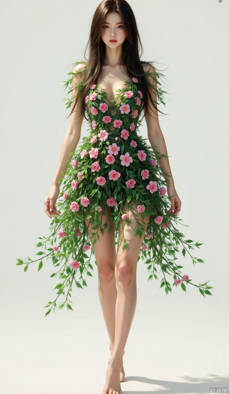 1girl, solo,long hair, brown hair, black hair, barefoot, (plant dress), realistic,flower dress,walking