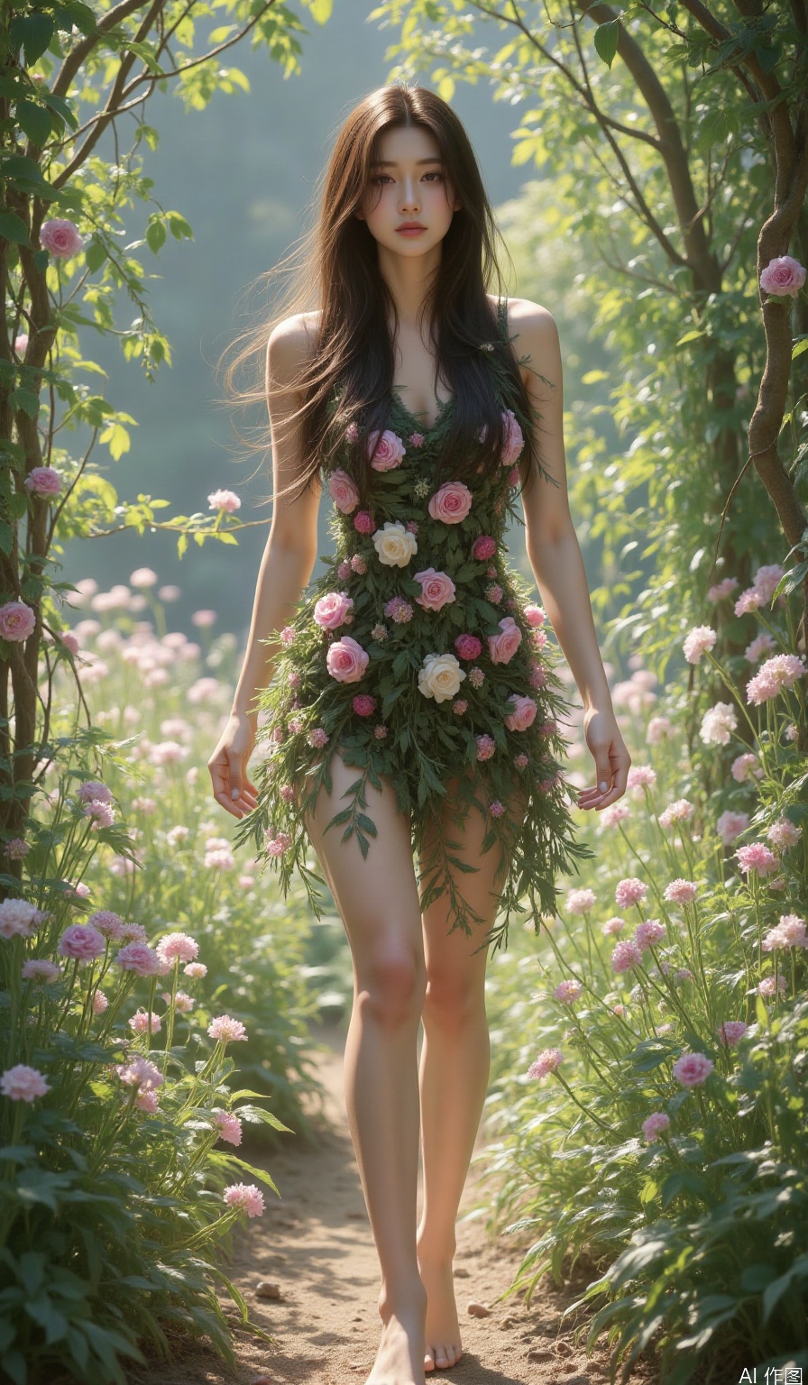 1girl, solo,long hair, brown hair, black hair, barefoot, (plant dress), realistic,flower dress,walking,garden