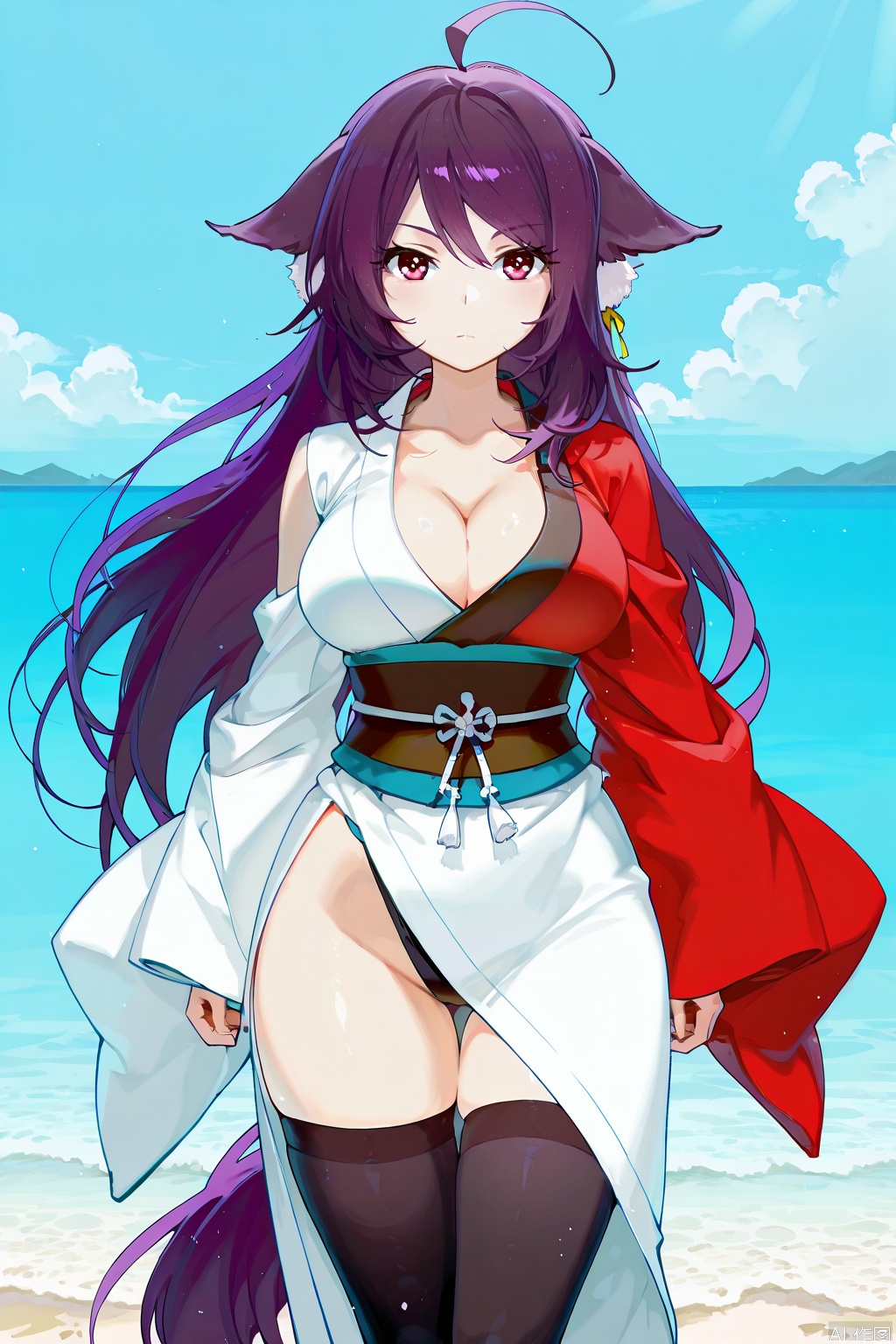 1girl, solo, long hair, breasts, looking at viewer, large breasts, red eyes, thighhighs, animal ears, cleavage, very long hair, purple hair, ahoge, japanese clothes, kimono, sash, antenna hair, single sleeve,Thigh exposed,thighhighs,looking at viewer,on the beach,