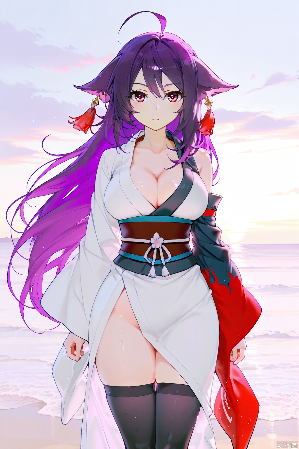 1girl, solo, long hair, breasts, looking at viewer, large breasts, red eyes, thighhighs, animal ears, cleavage, very long hair, purple hair, ahoge, japanese clothes, kimono, sash, antenna hair, single sleeve,Thigh exposed,thighhighs,looking at viewer,on the beach,
