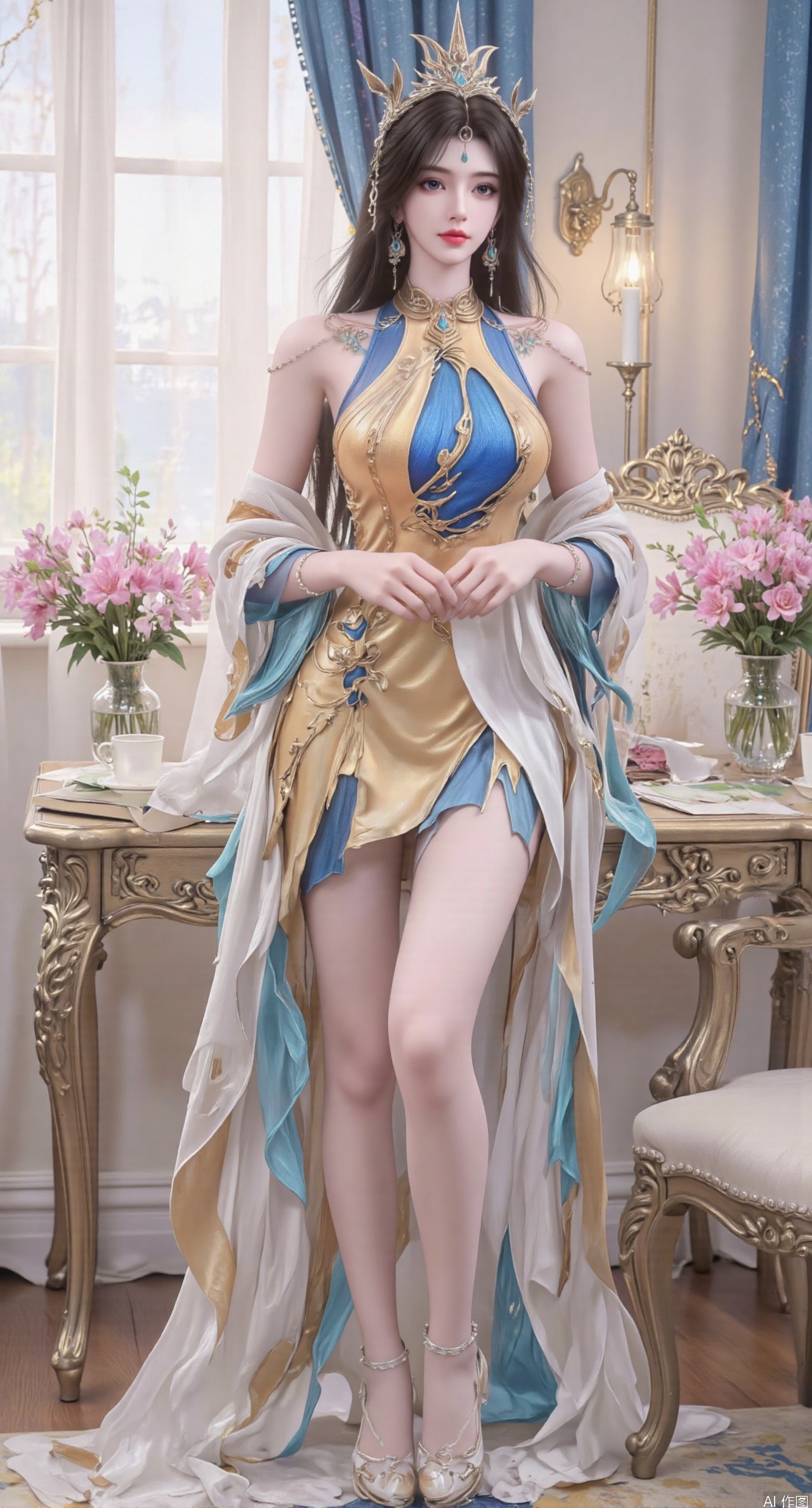 Ultra clear, wallpaper, 8k, masterpiece, 1girl, solo, long hair, breasts, looking at viewer, bangs, large breasts,long dress,, bare shoulders, jewelry, black hair, standing, purple eyes, full body, flower, thighs, indoors, hair bun, long dress, high heels, cup, see-through, book, bare legs, window, table, white footwear, standing on one leg, curtains, pink flower, side slit, vase, ,(huge breasts:2.99),(full breasts:2.99),phone screen,XanmiaoyiY,XhuolingerHHY,XwangqiuerKQW,Xxuenv,Xnanqiuqiu,Xhuangnv,XchuxuanerX