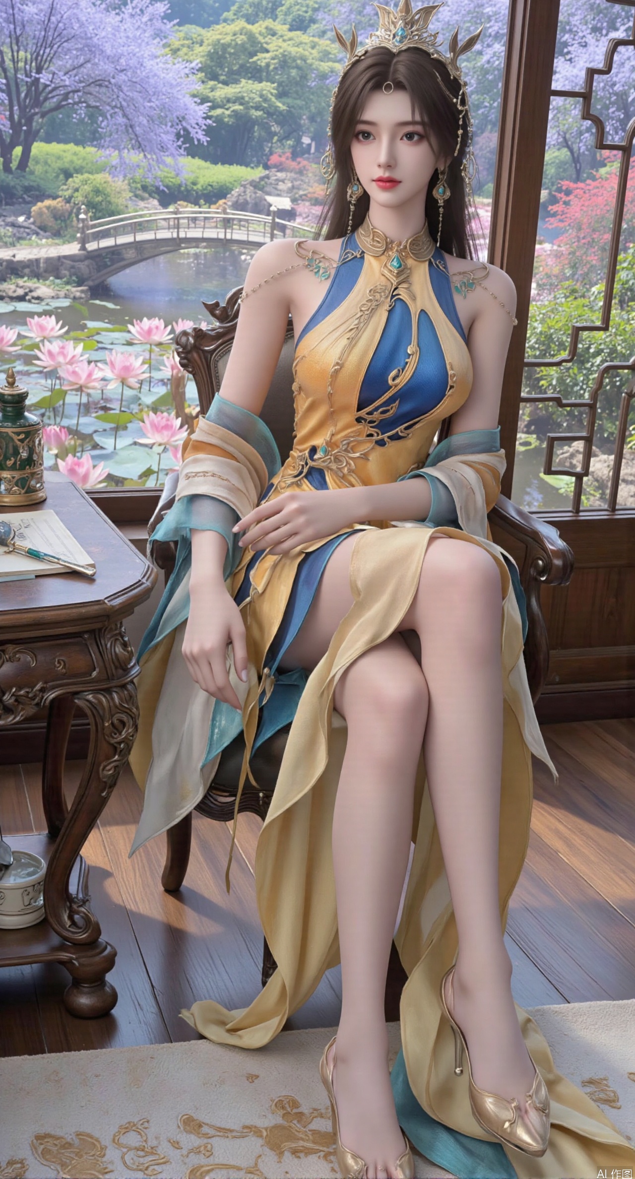 SFW,(masterpiece, best quality:1.2),1girl, solo, long dress,Ancient princess's boudoir with bright color palette,,(huge breasts:2.39),(full breasts:2.39), Hanfu-clad maiden sitting by latticed window desk in romantic daydreaming posture, classical Chinese garden through window showcasing lotus pond filled with blooming pink and white lotuses, delicate ink-wash painting style, interior featuring rosewood furniture with mother-of-pearl inlay, silk curtains fluttering in breeze, porcelain stationery set on desk, distant view of curved bridges and pavilions in garden, ultra HD rendering with crisp details on embroidered garments and translucent lotus petals,,(huge breasts:2.99),(full breasts:2.99),,XtianqiongY,XliumeiY,XyueliuY,Xxiaowu,Xyusanniang,Xxuenv,XchuxuanerXY,XchuxuanerX,Xhuangnv,Xshangguanweier