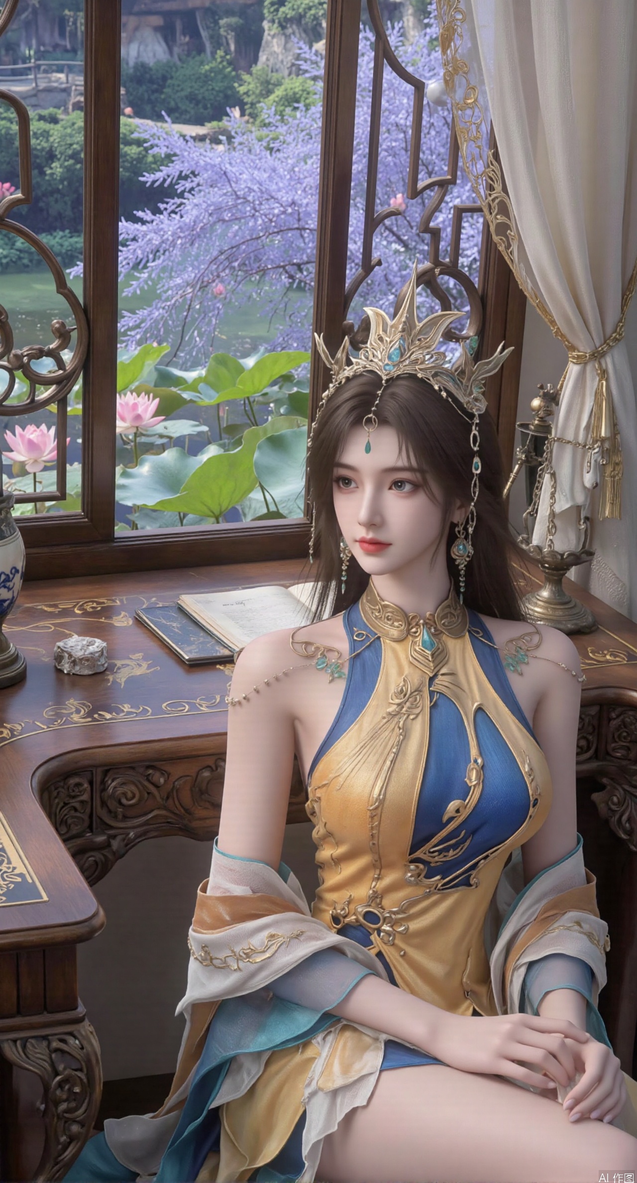 SFW,(masterpiece, best quality:1.2),1girl, solo, long dress,Ancient princess's boudoir with bright color palette,,(huge breasts:2.39),(full breasts:2.39), Hanfu-clad maiden sitting by latticed window desk in romantic daydreaming posture, classical Chinese garden through window showcasing lotus pond filled with blooming pink and white lotuses, delicate ink-wash painting style, interior featuring rosewood furniture with mother-of-pearl inlay, silk curtains fluttering in breeze, porcelain stationery set on desk, distant view of curved bridges and pavilions in garden, ultra HD rendering with crisp details on embroidered garments and translucent lotus petals,,(huge breasts:2.99),(full breasts:2.99),,XtianqiongY,XliumeiY,XyueliuY,Xxiaowu,Xyusanniang,Xxuenv,XchuxuanerXY,XchuxuanerX,Xhuangnv,Xshangguanweier