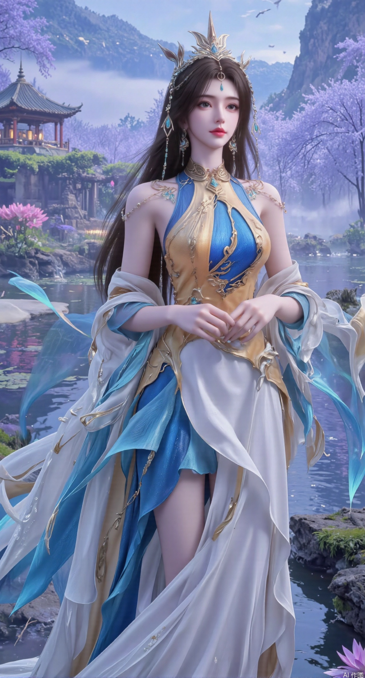 SFW,(masterpiece:1.2),best quality,1girl,solo,long hair,long dress,celestial maiden in flowing tulle gown levitates above lotus pond, ethereal mist trails from hair ribbons, mythical Penglai paradise emerges through clouds with glowing pavilions, translucent bioluminescent lotus blooms, flock of cranes gliding over water surface, ultra HD with soft 3D rendering, morning light filters through mist, falling petal rain, intricate details on scale-patterned fabric and lotus veins.(huge breasts:2.99),(full breasts:2.99),XanmiaoyiY,XhuolingerHHY,XwangqiuerKQW,Xxuenv,Xnanqiuqiu,Xhuangnv,XchuxuanerX,XchuxuanerXY