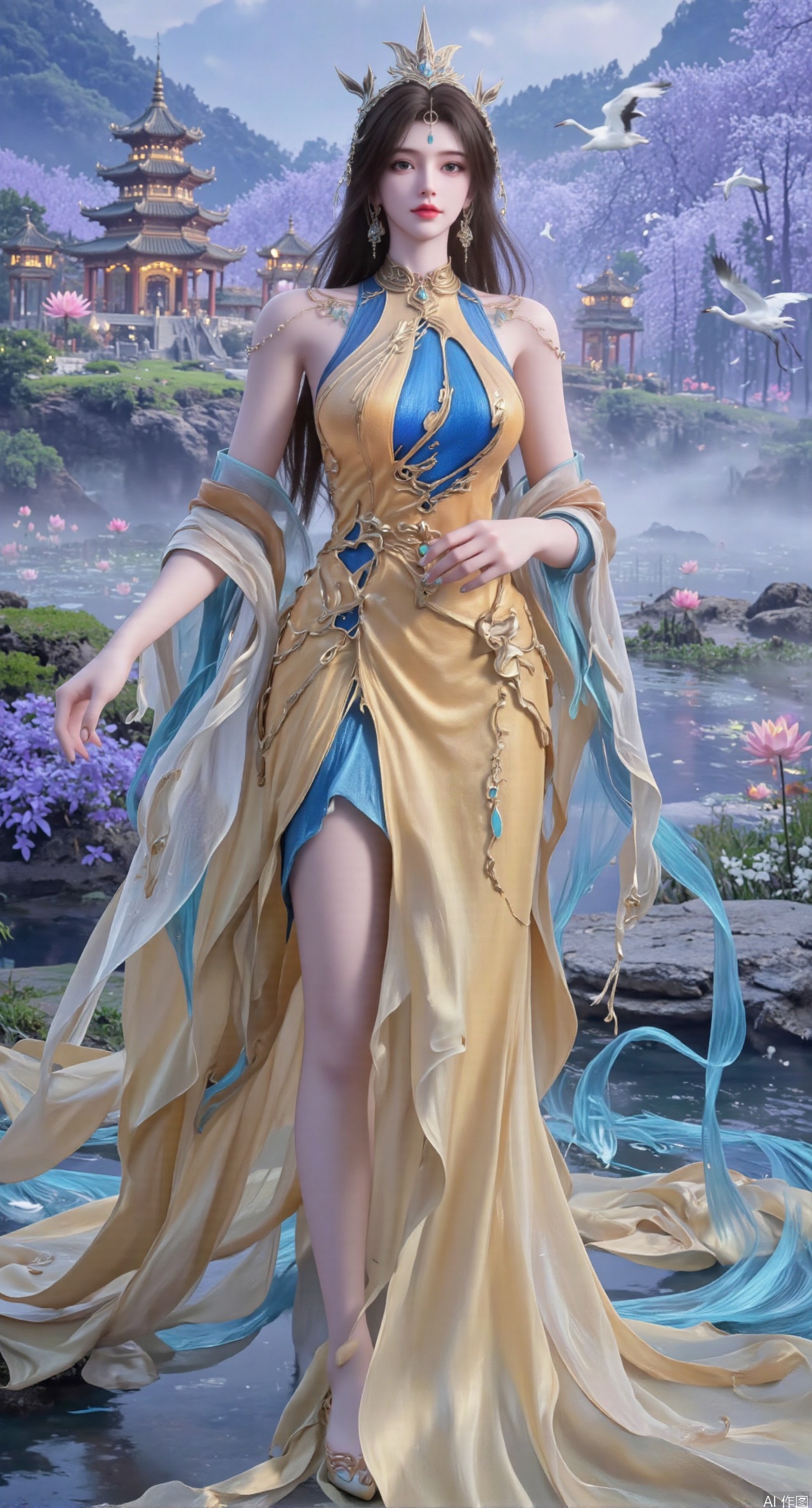 SFW,(masterpiece:1.2),best quality,1girl,solo,long hair,long dress,celestial maiden in flowing tulle gown levitates above lotus pond, ethereal mist trails from hair ribbons, mythical Penglai paradise emerges through clouds with glowing pavilions, translucent bioluminescent lotus blooms, flock of cranes gliding over water surface, ultra HD with soft 3D rendering, morning light filters through mist, falling petal rain, intricate details on scale-patterned fabric and lotus veins.(huge breasts:2.99),(full breasts:2.99),XanmiaoyiY,XhuolingerHHY,XwangqiuerKQW,Xxuenv,Xnanqiuqiu,Xhuangnv,XchuxuanerX,XchuxuanerXY