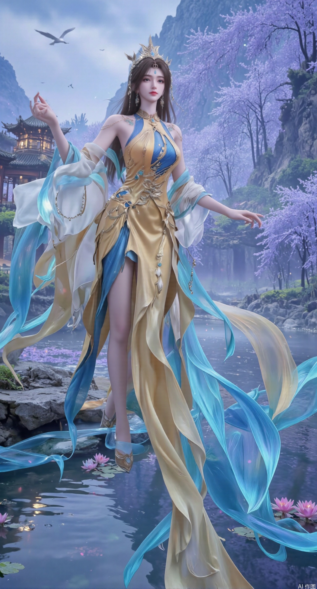 SFW,(masterpiece:1.2),best quality,1girl,solo,long hair,long dress,celestial maiden in flowing tulle gown levitates above lotus pond, ethereal mist trails from hair ribbons, mythical Penglai paradise emerges through clouds with glowing pavilions, translucent bioluminescent lotus blooms, flock of cranes gliding over water surface, ultra HD with soft 3D rendering, morning light filters through mist, falling petal rain, intricate details on scale-patterned fabric and lotus veins.(huge breasts:2.99),(full breasts:2.99),XanmiaoyiY,XhuolingerHHY,XwangqiuerKQW,Xxuenv,Xnanqiuqiu,Xhuangnv,XchuxuanerX,XchuxuanerXY