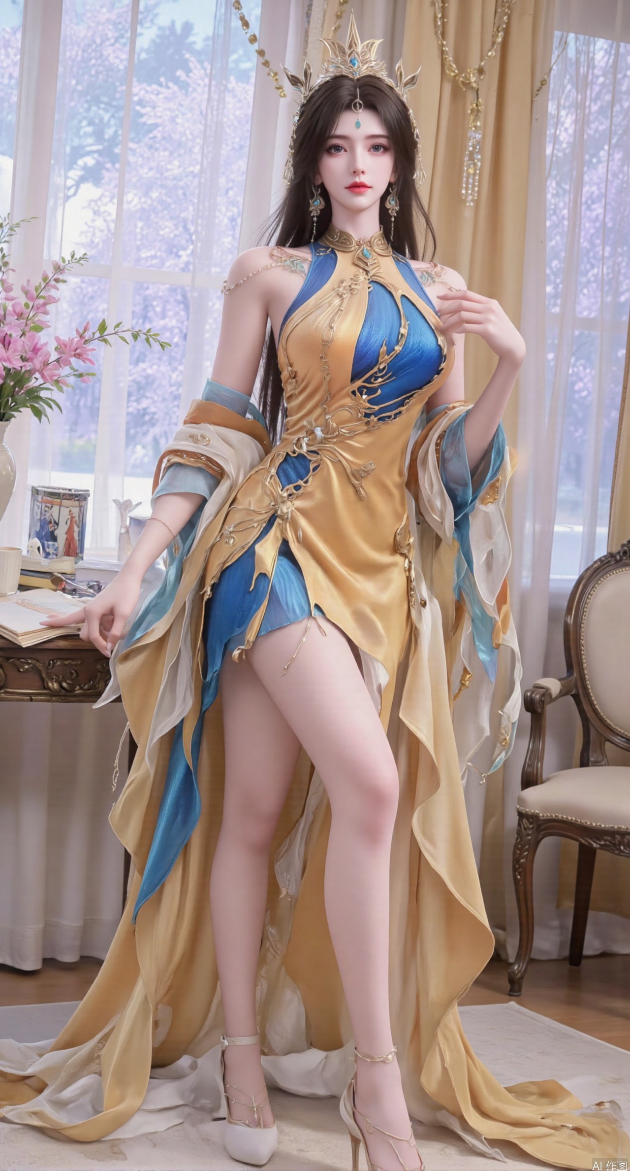 Ultra clear, wallpaper, 8k, masterpiece, 1girl, solo, long hair, breasts, looking at viewer, bangs, large breasts,long dress,, bare shoulders, jewelry, black hair, standing, purple eyes, full body, flower, thighs, indoors, hair bun, long dress, high heels, cup, see-through, book, bare legs, window, table, white footwear, standing on one leg, curtains, pink flower, side slit, vase, ,(huge breasts:2.99),(full breasts:2.99),phone screen,XanmiaoyiY,XhuolingerHHY,XwangqiuerKQW,Xxuenv,Xnanqiuqiu,Xhuangnv,XchuxuanerX