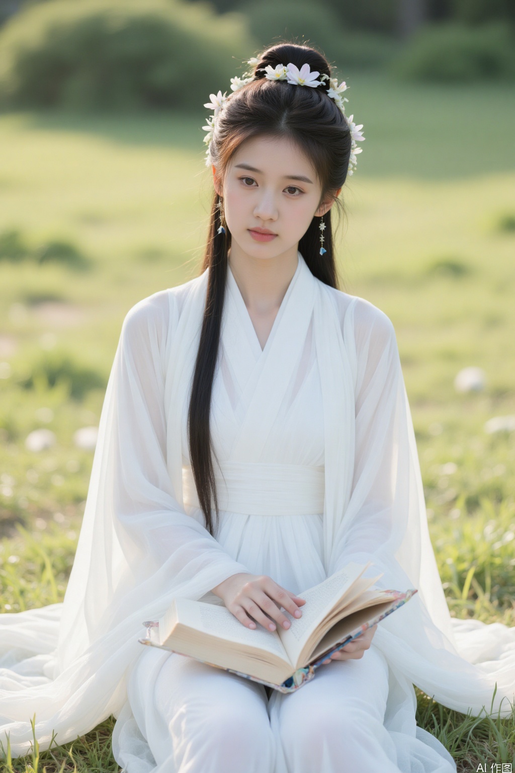 1 girl, long hair, bun, white Hanfu, outdoor, sitting, holding a book,hair flower, strong sunshine