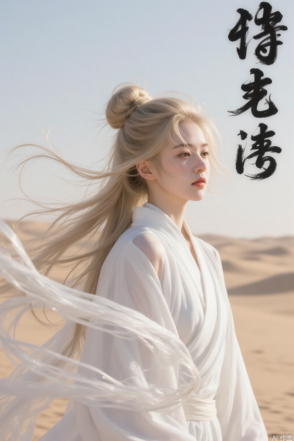 1 girl, long hair, bun, white Hanfu, wind, desert,kanji