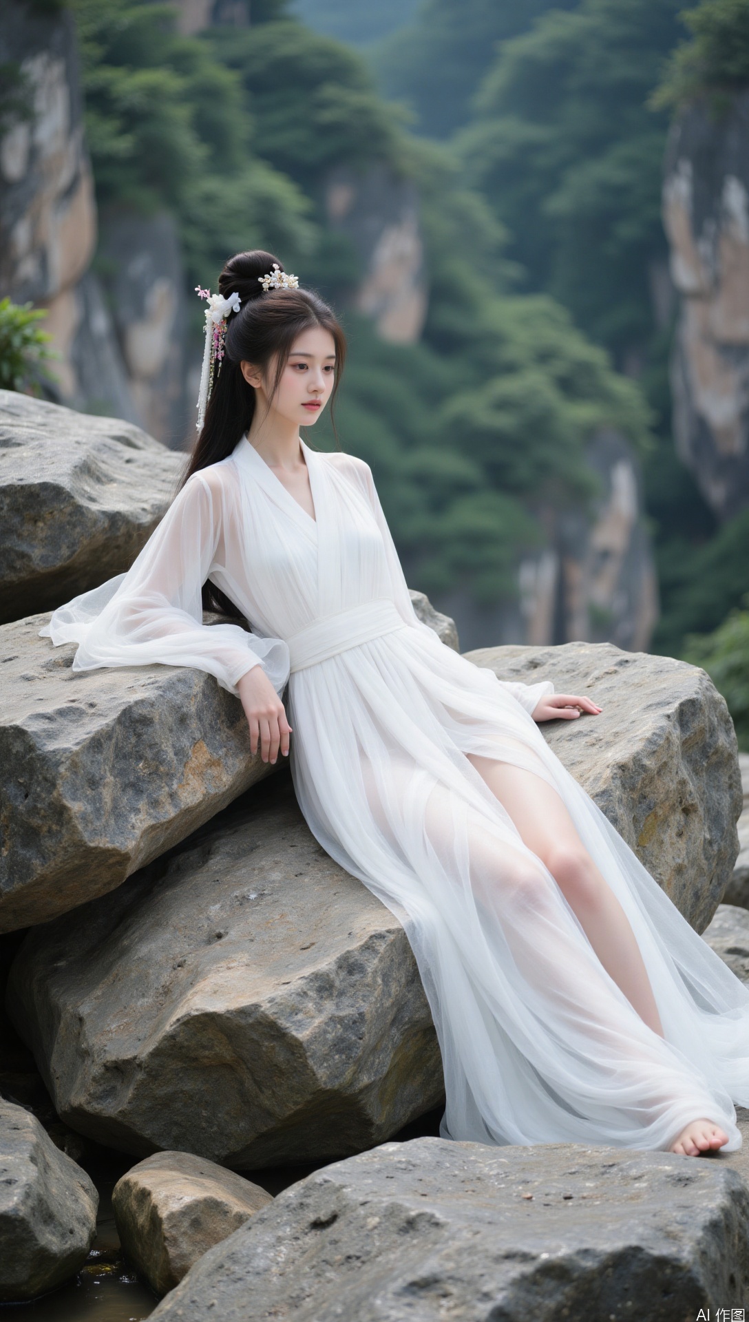 1 girl, long hair,lying on the rock, bun, chinese dress,rock