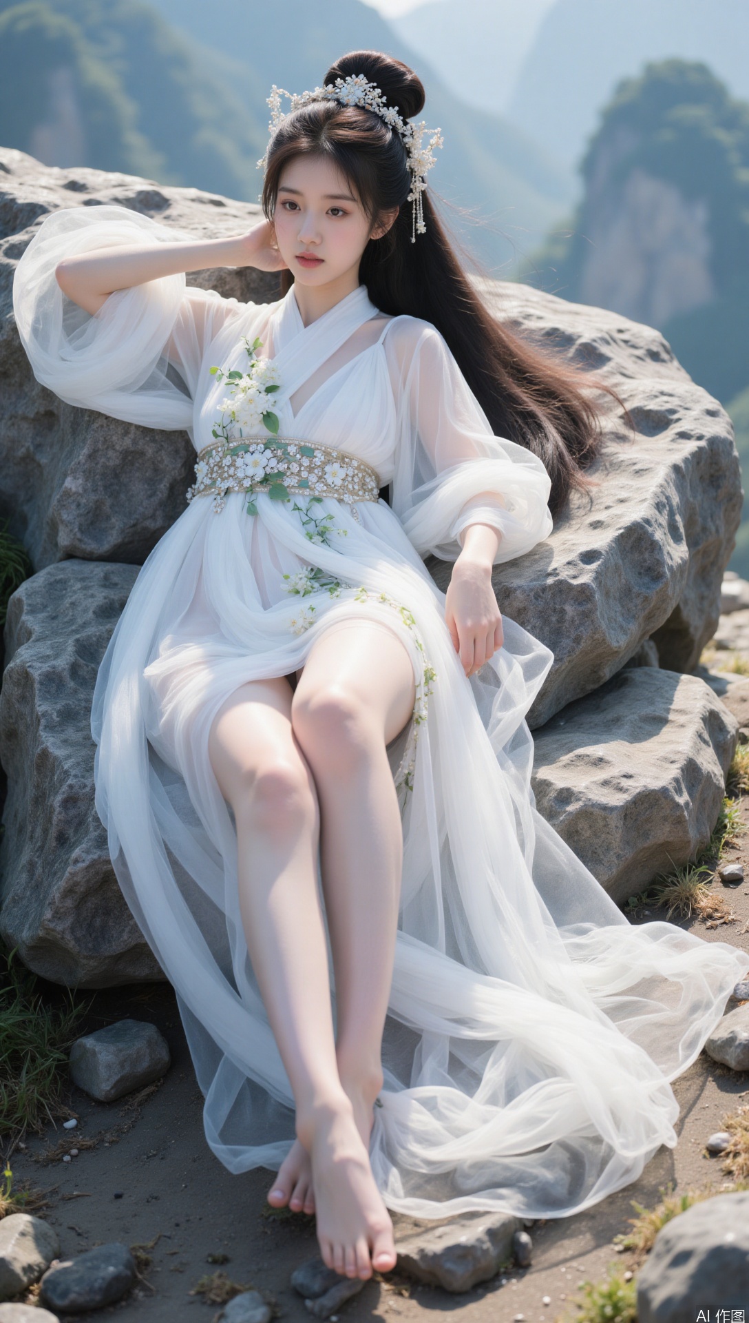 1 girl, long hair,lying on the rock, bun, chinese dress,rock
