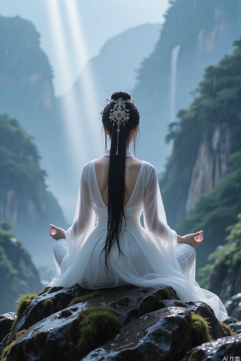 1 girl, long hair,on the rock, bun, in water, wet, chinese dress,rain,rock,meditation,back